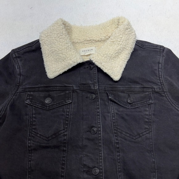 PacSun Sherpa Lined Denim Trucker Jacket Faux Shearling Black Adult Medium - Picture 3 of 13